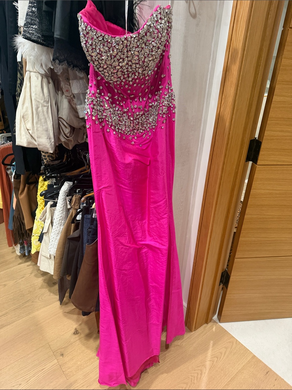 Strapless Hot Pink Evening Gown with Crystal Embellished Bust